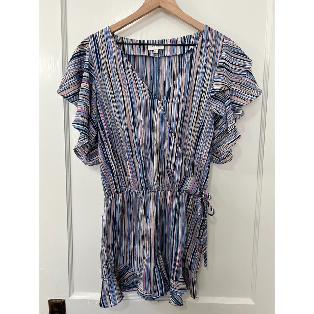 Umgee Women's Colorful Stripe Faux Wrap Ruffle Romper Elastic Waist Size S